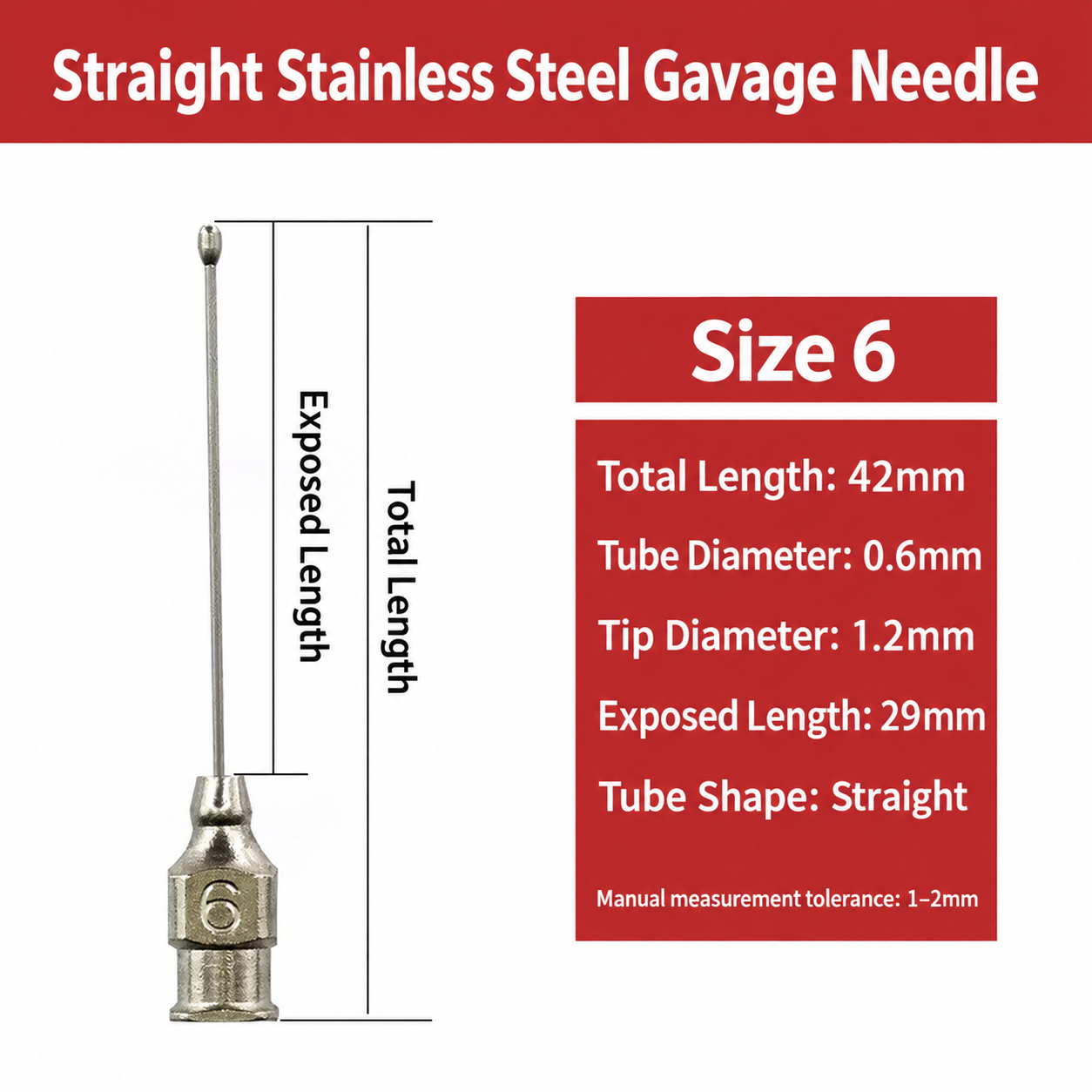 Straight Gavage Needles — Size 6, Pack of 10