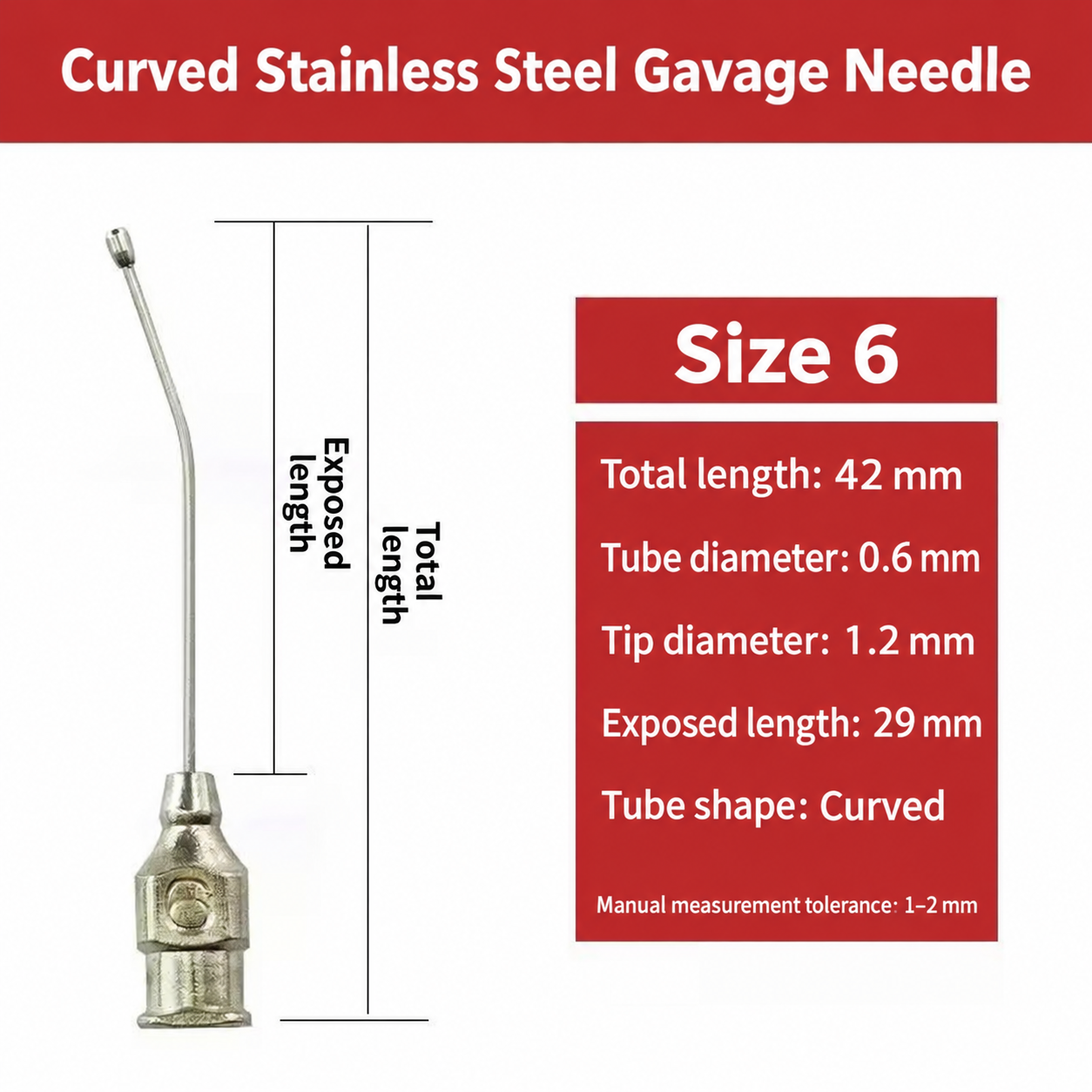 Curved Gavage Needles — Size 6, Pack of 10