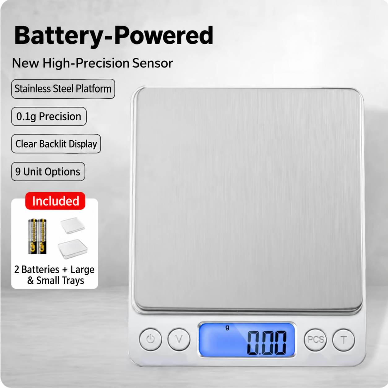 Weighing Scale — Battery-Powered, 500 g Capacity / 0.01 g Readability, 2 Trays Included